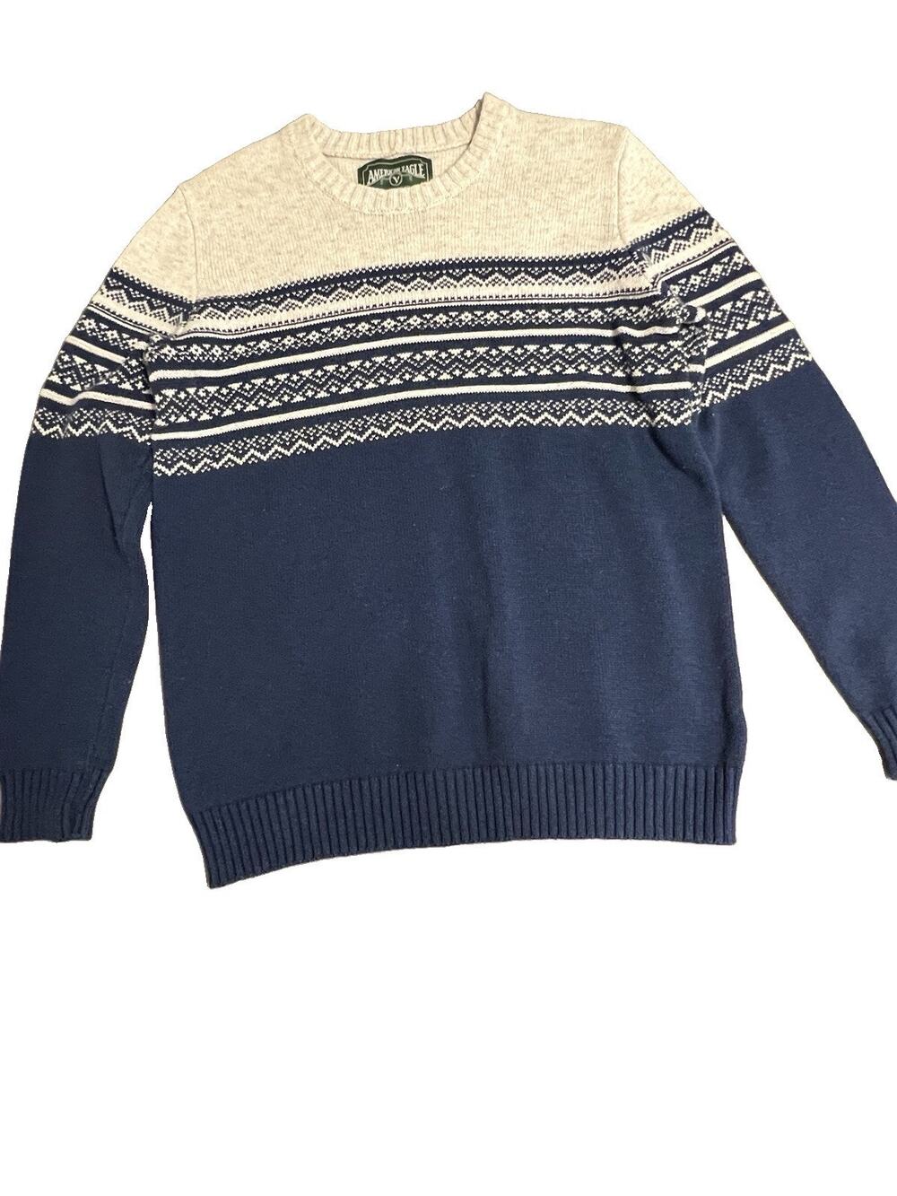 American Eagle Sweater Mens Medium Tall Navy Gray Fair Isle Knit Crewneck Nordic